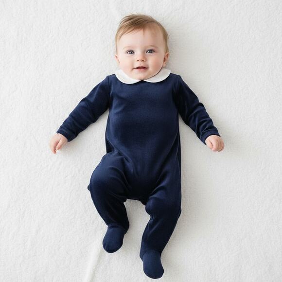 Edgehill Collection Baby Boy Navy Velour Footed Romper Size 9M Peter Pan Collar - Picture 1 of 6